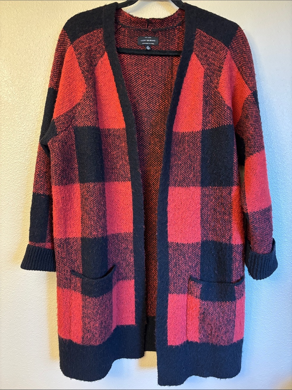 Lucky Brand MEDIUM Red Black Buffalo Plaid Open Cardigan Sweater Cozy Fuzzy
